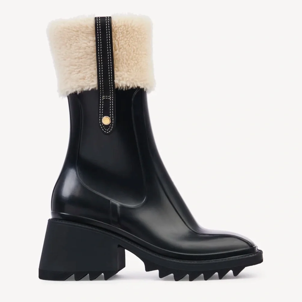 Chloé Black Rain Boot with Cream Shearling Cuff